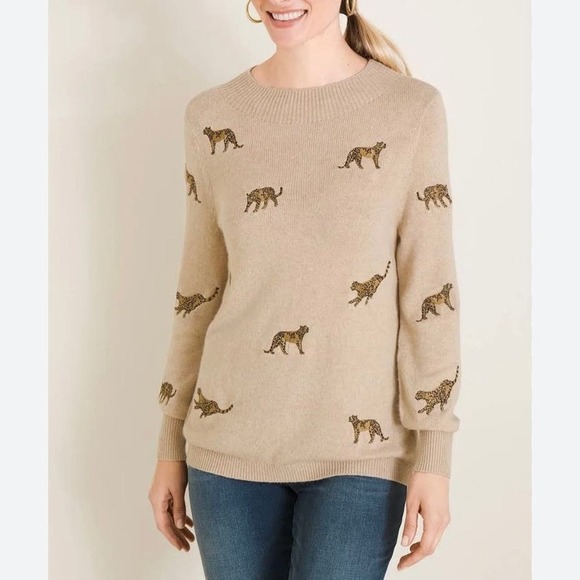 Chico's Cashmere-Blend Embroidered Cheetah Sweater Size Medium - Picture 1 of 10